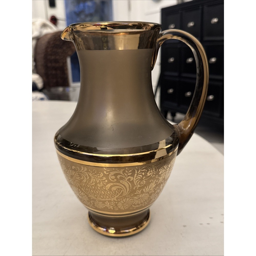 Bohemian Crystal Brown Frosted Glass Pitcher w/Gold Floral Filigree - MCM 10"